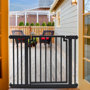 Libro, Outdoor Dog Gate for Deck with Door, Heavy Duty, Black Metal, Strong Outdoor Pet Gate Door, Extendable Pressure Mounted, Extra Wide Openings, Deck Stairs, Porch, Patio Doors, Stairs Outside. Libro by NMN Designs