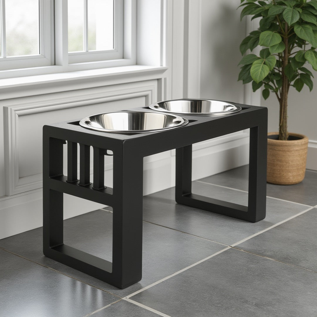 Stylish, Heavy Duty Elevated Dog Bowl w/ Black Steel Stand