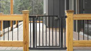 Deck Gate for Dogs. Libro Tall Large Outdoor Dog Gate for Deck. Strong Black Metal with Walk Through Door. NMN Designs