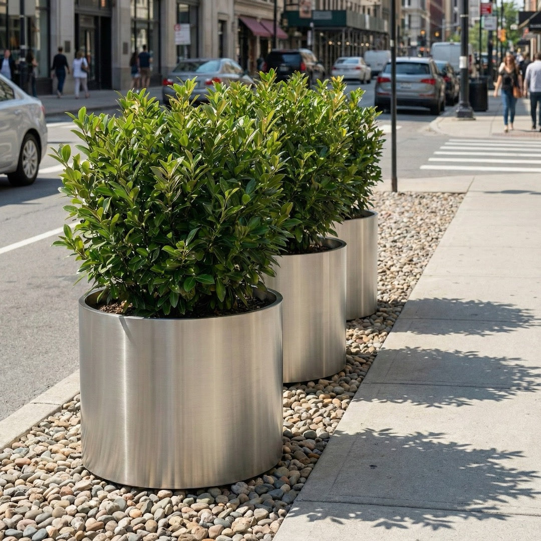 Extra Large Stainless Steel Metal Planter Pot. 31" x 24" Round. Trees,  Evergreens. Silver Metal. Indoor / Outdoor. No Drainage. Knox by NMN Designs