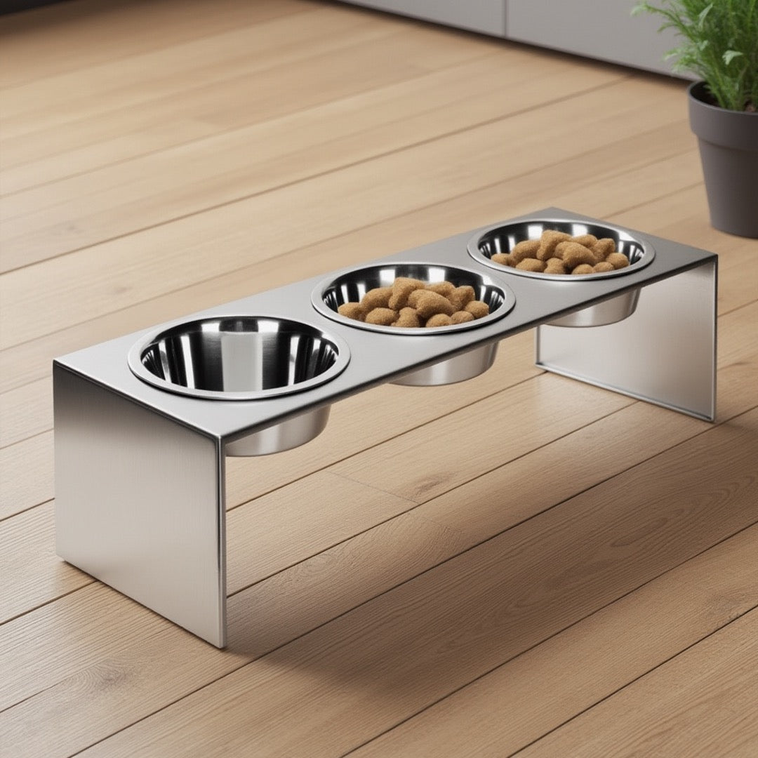 Slate. Modern 3 Dog Bowl, Elevated Stainless Steel Stand. Med
