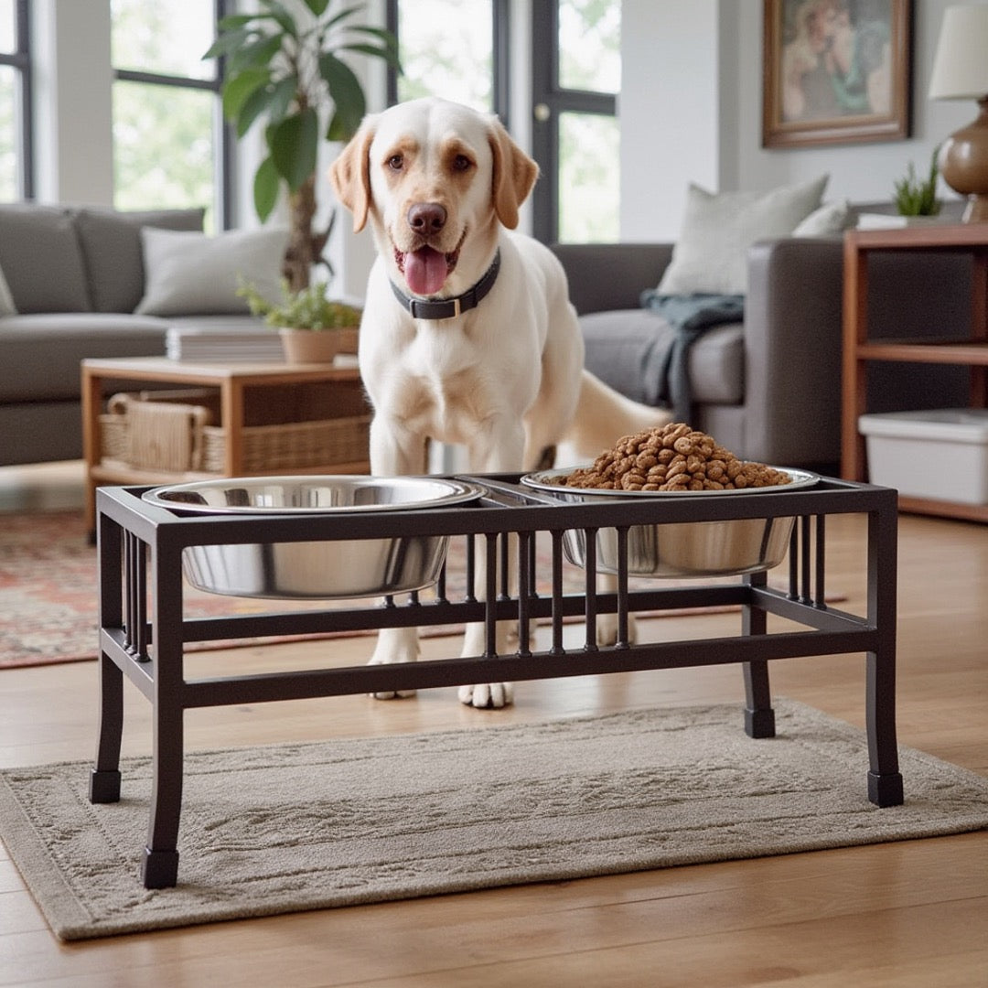 Labrador Retriever next to a modern elevated dog bowl stand, mocha wrought iron with stainless steel food and water bowls. Baron by NMN Designs