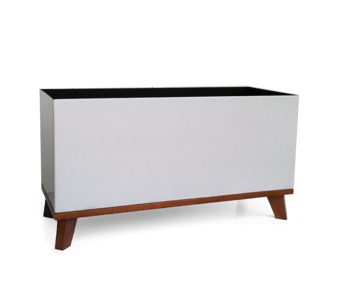 rectangular indoor planter with stand Madeira - Aluminum Long Block Planter w/ Hardwood Base - Rectangle 30"  Long, Silver Metal Box w/ Raised Stand. Lined, No Drainage