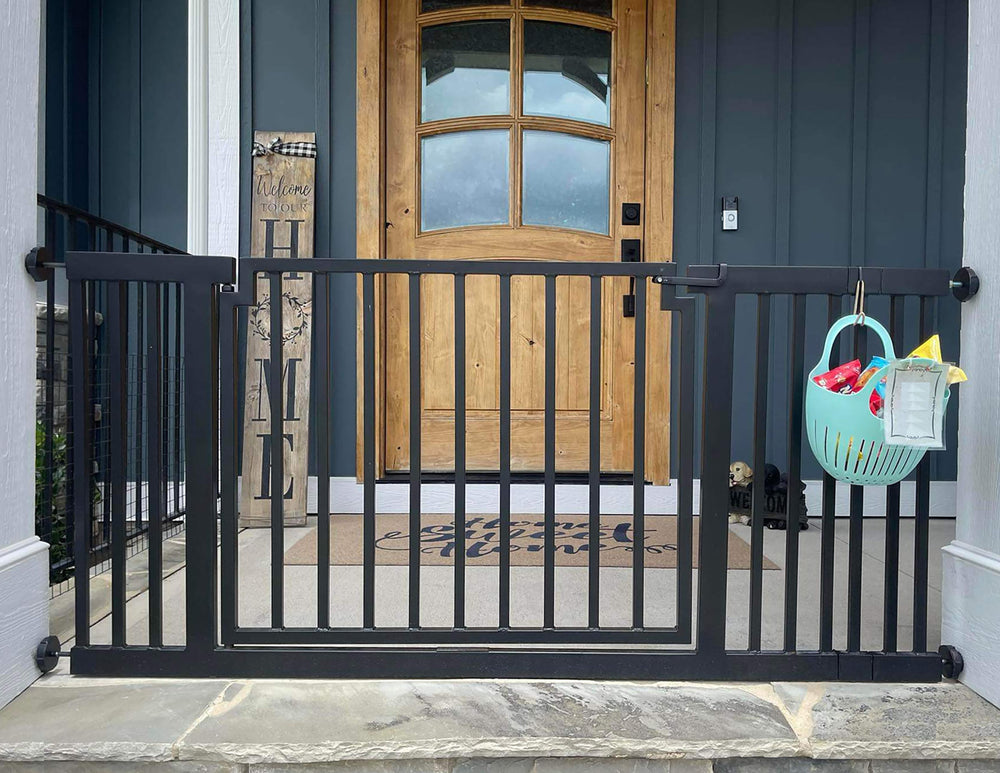 Strong Outdoor Dog Gate For Deck Porch Patio. Pet Gate Outside Pressure Mounted w Door Freestanding Dog Fence. Stairs Doorway Wide NMN Designs