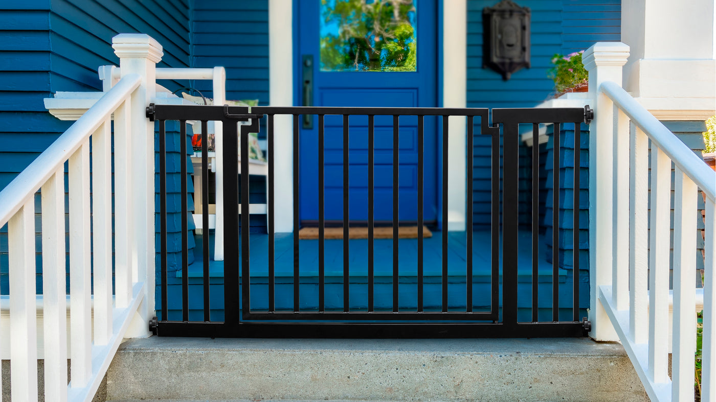 Extra Wide Outdoor Dog Gate for Deck Stairs, Porch and Patio Pet Gate Barrier with Door Metal Tall and Long NMN Designs