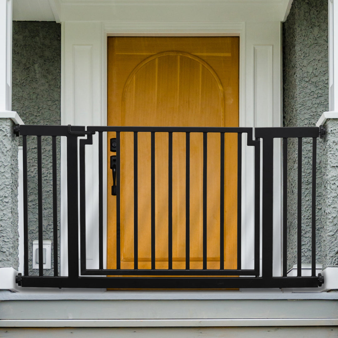 Strong Outdoor Dog Gate For Deck Porch Patio. Pet Gate Outside Pressure Mounted w Door Freestanding Dog Fence. Stairs Doorway Wide NMN Designs