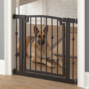 Emperor Rings Pet Gate. Stylish Strong Indoor Dog Gate with Door. Pressure Mounted in Mocha shown with German Shepherd NMN Designs for Stairs, Doorway, and Wide openings. Heavy Duty. Best Heavy Duty Dog Gate for Large Dogs. Emperor Rings Dog Gate by NMN Designs
