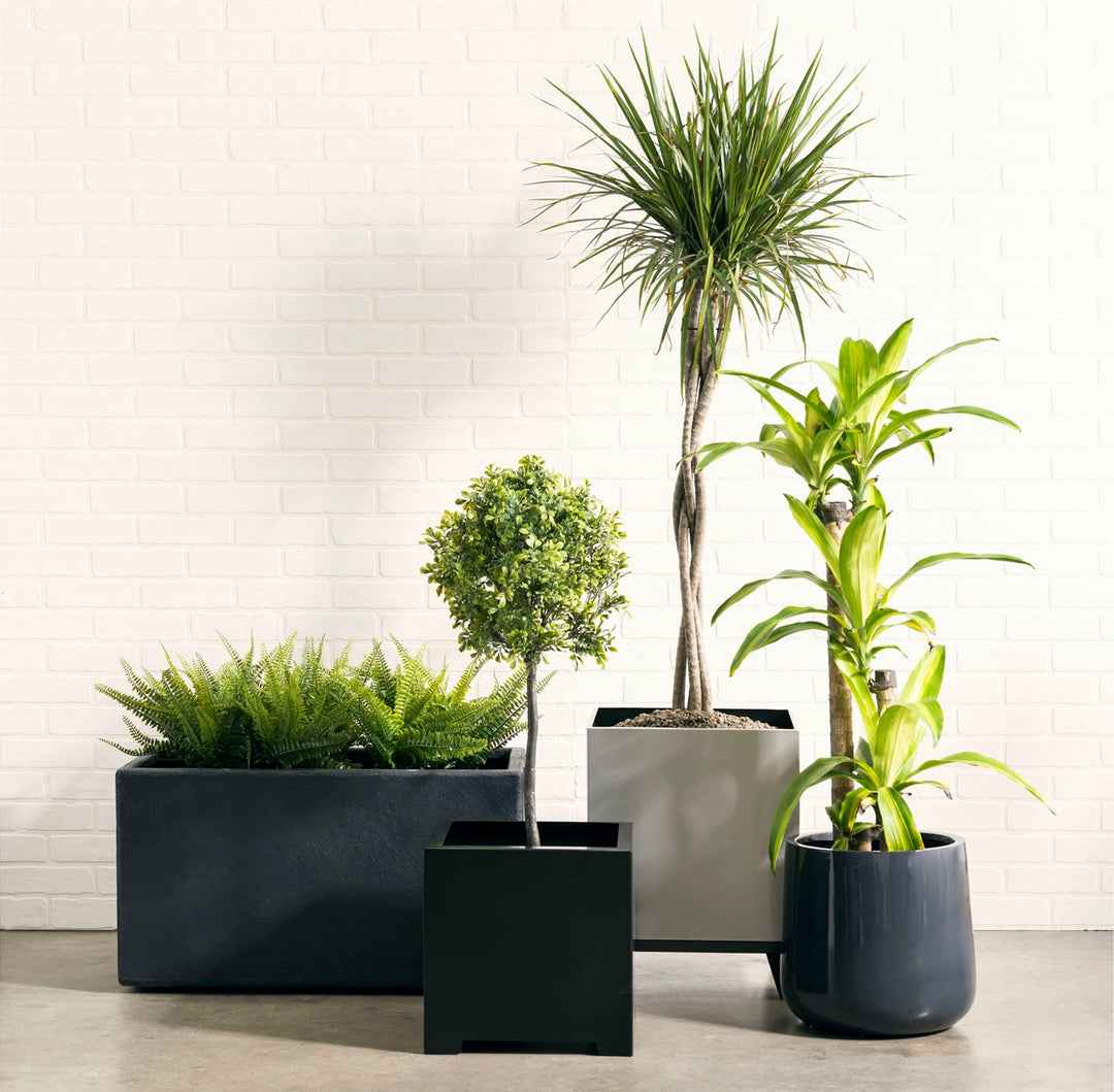 fake concrete plant pots Modern Faux Concrete Planter Box, Large Rectangular Fiberglass Trough Span Long Block Planter, Fake Stone w/ Drainage