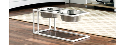 Cityline. Modern Elevated Dog Bowl Stand for Large Dog. Raised Food, Water Bowl, Stylish White Metal Stand with Stainless Steel Dog Bowls. NMN Designs. 