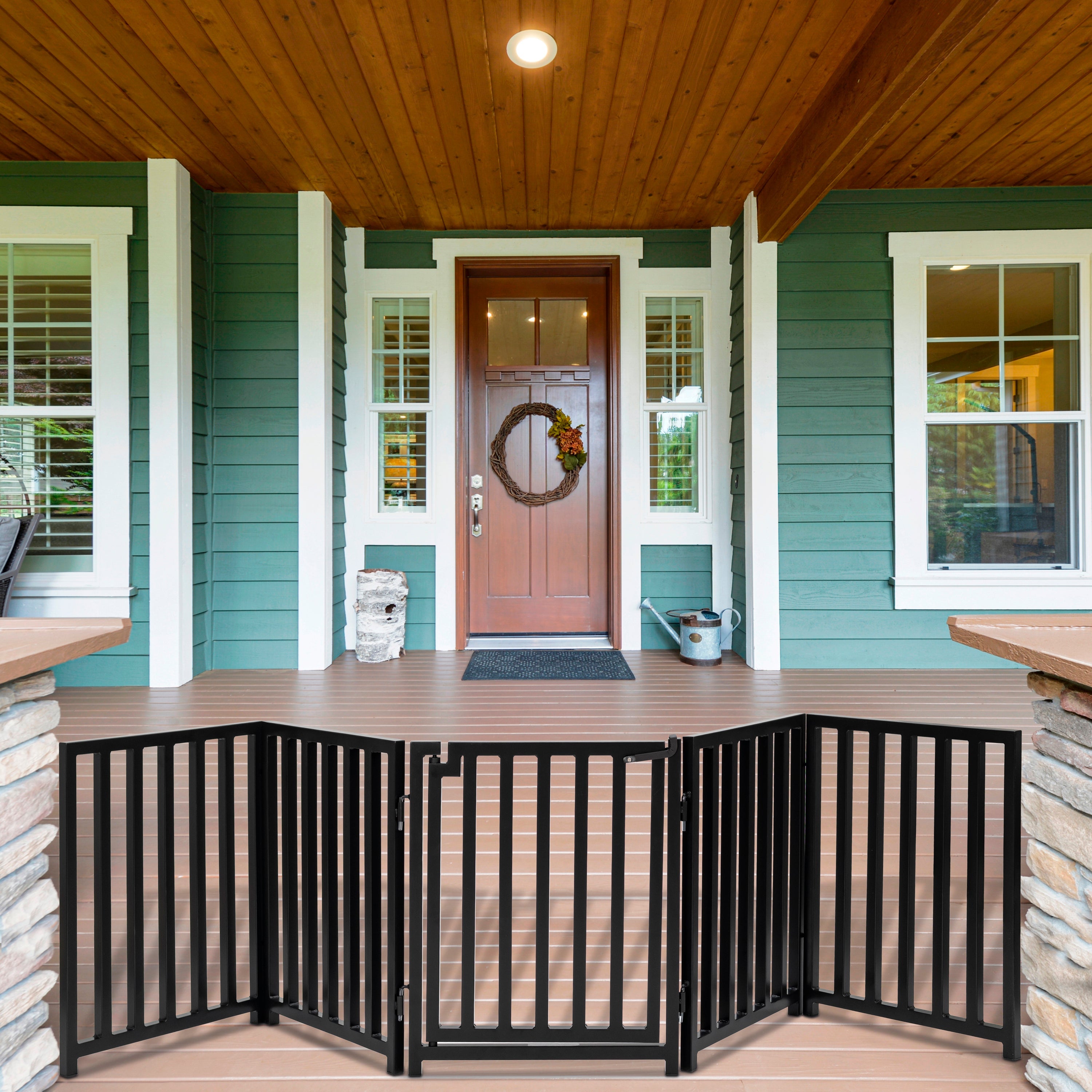Outdoor Freestanding Dog Gate w/ Door. Extra Wide 70" - 117". Porch ...