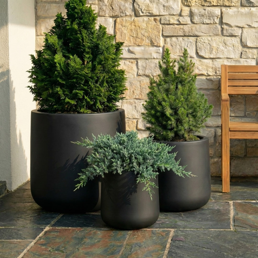 architectural plant pots NMN Designs Ainslie Scandi Modern Planter (9" -16" Round) Indoor / Outdoor Fiberglass w/ Drainage Plugs / Matte Black