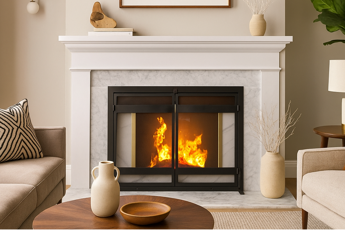 Wrought iron flat fireplace screen with doors in cozy modern living room. Indus by NMN Designs
