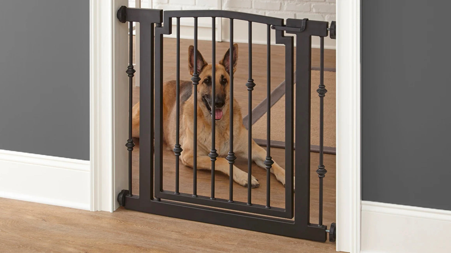 Emperor Rings Pet Gate. Stylish Strong Indoor Dog Gate with Door. For Doorway, Stairs, Extra Wide, Pressure Mounted for Inside the House. Mocha (Brown) shown with German Shepherd. Heavy Duty Dog Gate for Strong Large Dogs. Elegant, Designer, Luxury. Emepror Rings by NMN Designs