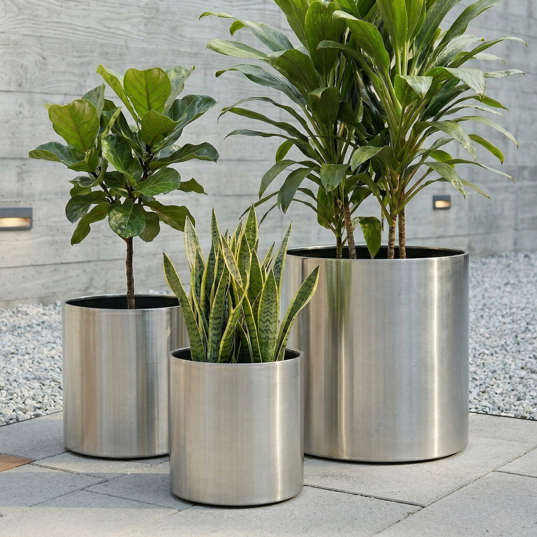large cheap plant pots Brushed Stainless Steel Planter - XXL - 31" diam. x 24" ht. - Knox Mod Design - Heavy Duty, Round Planter Pot, Metal, Indoor/Outdoor
