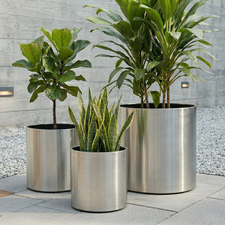 18 litre plant pot dimensions Extra Large Stainless Steel Metal Planter Pot. 31" x 24" Round. Trees, Evergreens. Silver Metal. Indoor / Outdoor. No Drainage. Knox by NMN Designs