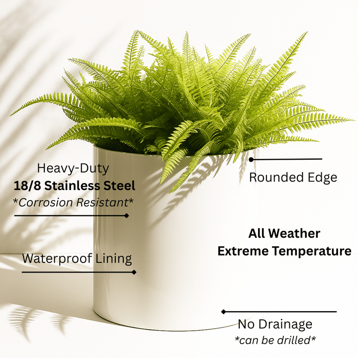 indoor planter no drainage Knox Cylinder Planter Pot. White Metal. 12", 18" Round, No Drainage. Stainless Steel w/ Fiberglass Lining. Outdoor / Indoor
