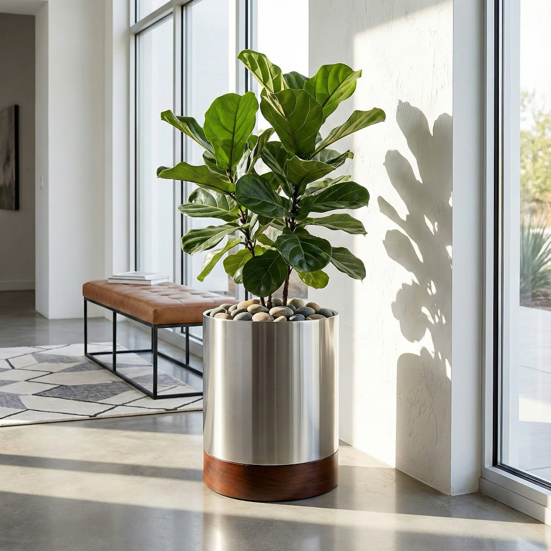 Knox Planter. Modern Stainless Steel Metal, Indoor Plant Pot w/ Raised Wood  Base. 12\, image size:1080x1080
