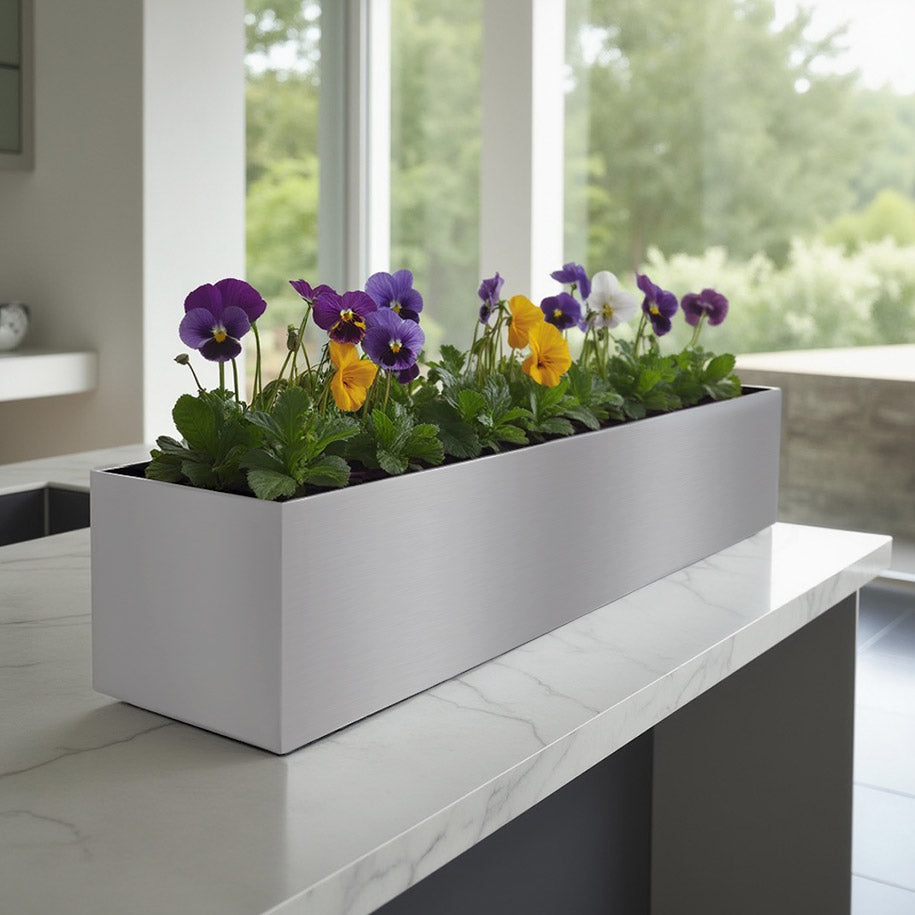 window planter indoor Modern Aluminum Deck Railing Planter, 36" Long w/ Brackets, Drainage Plugs, Lined Metal