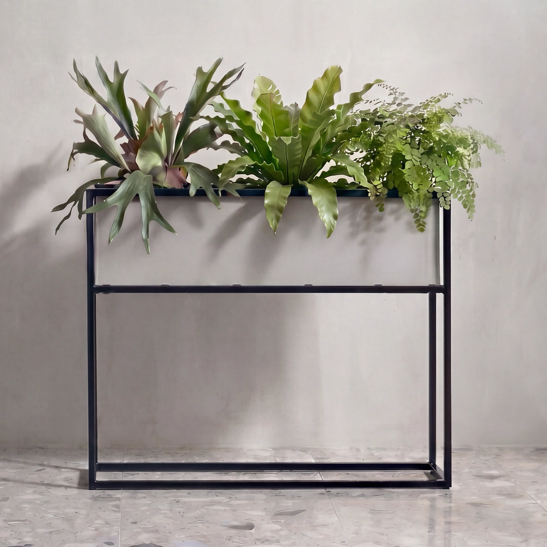 indoor plant box stand Madeira Raised Barrier Planter - Restaurant Divider Modern Aluminum Trough  w/ Iron Stand, Rectangle, 30" Ht. x 37" Long, Privacy