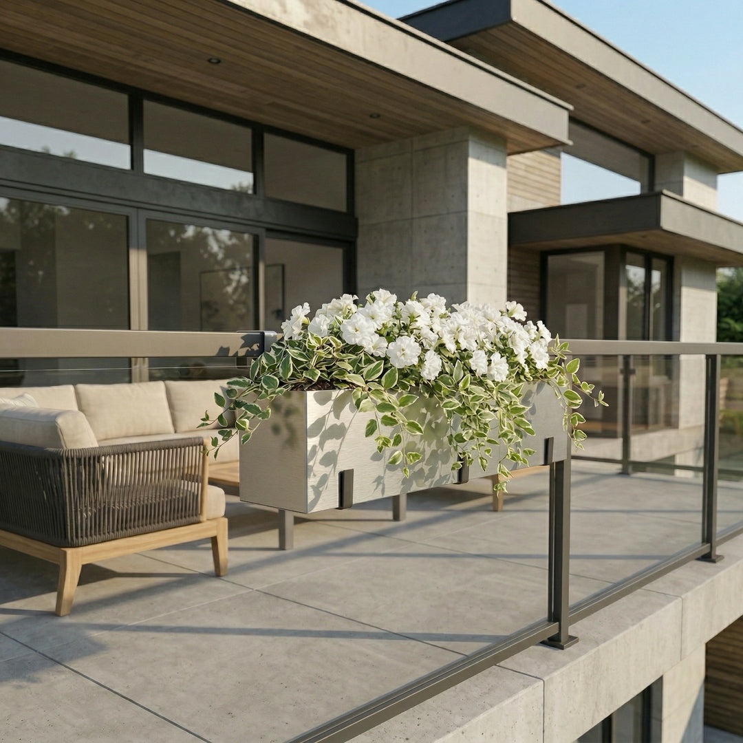railing window box planters Modern Aluminum Deck Railing Planter, 36" Long w/ Brackets, Drainage Plugs,  Lined Metal