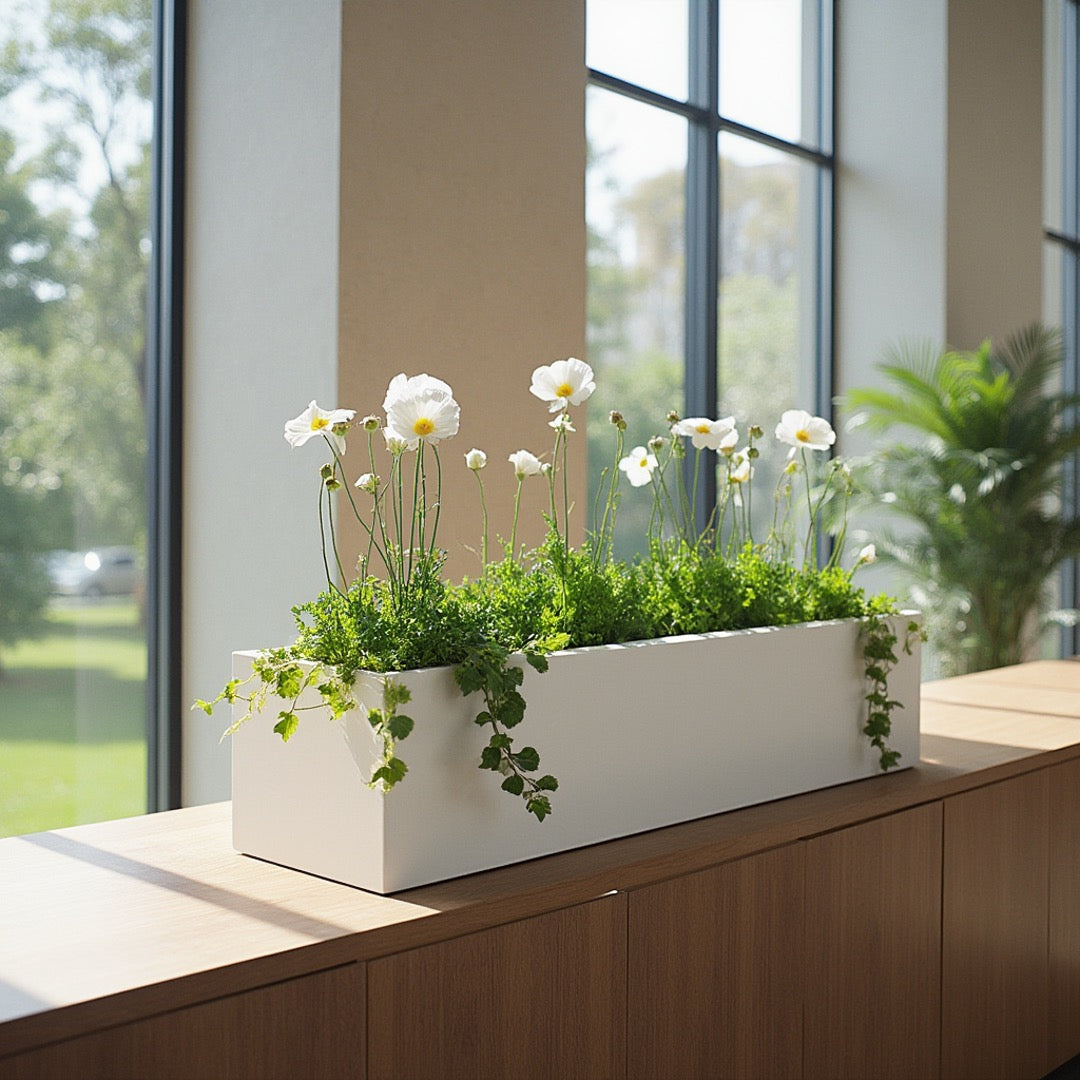 indoor window planter Modern Metal Rectangular Wall Planter, Hanging Box. Aluminum Silver Metal, 36" Long, Outdoor / Indoor Trough, Drainage, Lined. Madeira by NMN Designs
