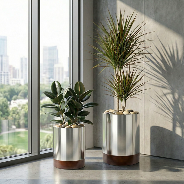 Knox Cylinder Indoor Planter w/ Hardwood Base - Modern 18 Gauge