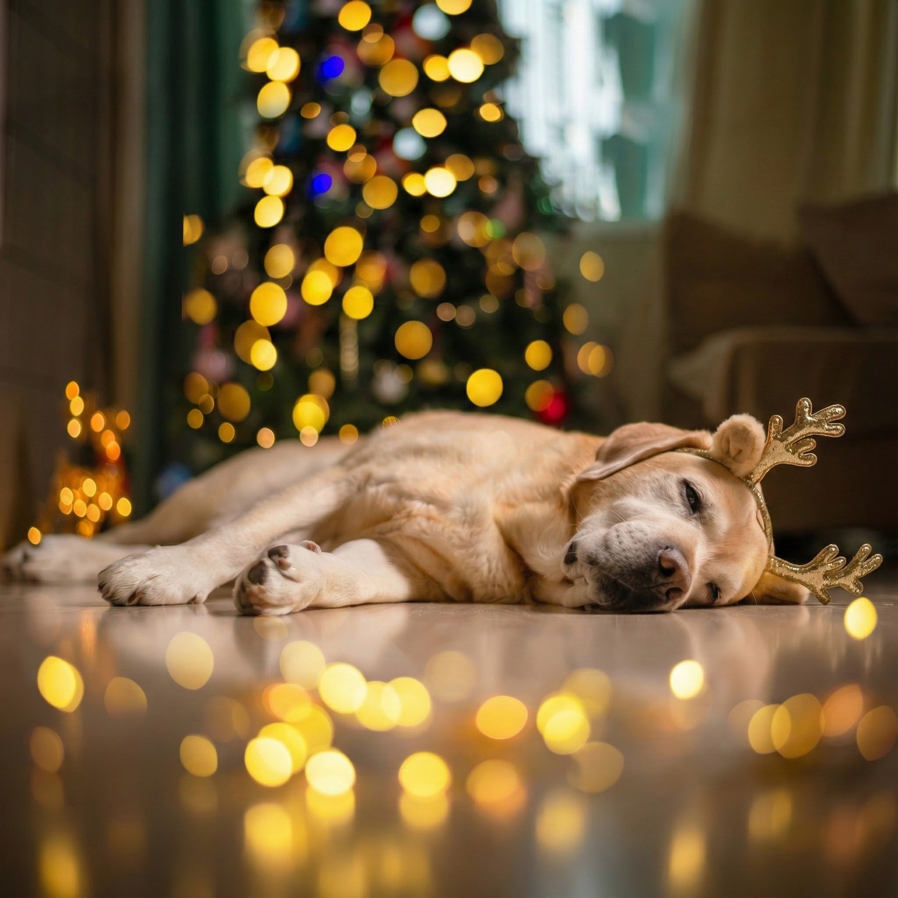 Dog wearing reindeer antlers lying on a floor with a blurred Christmas tree in the background, Holiday sale banner nmn designs
