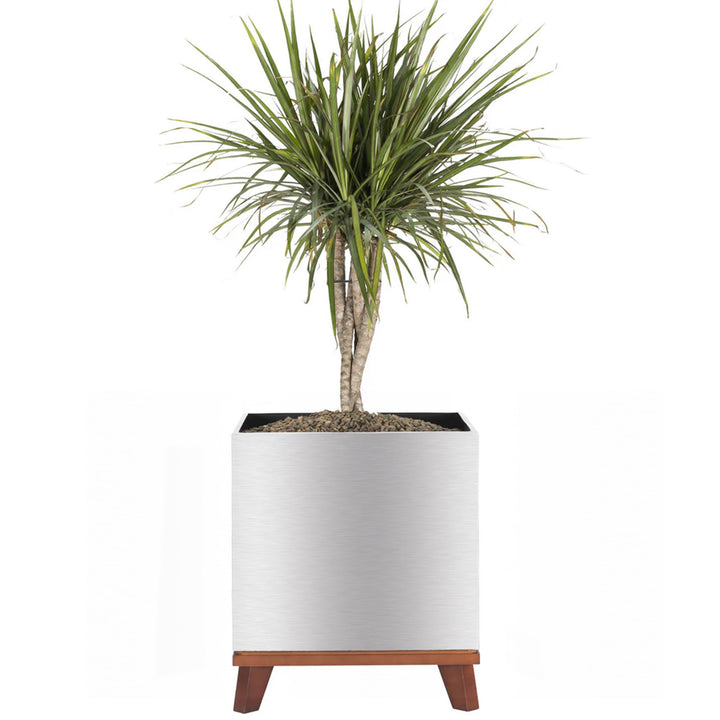 Raised Silver Metal Indoor Plant Box, Wood Base. Large 16