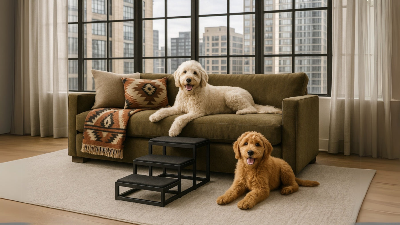 Two dogs on a brown sofa with decorative pillows in a room with large windows. Modern Dog Stairs. NMN Designs