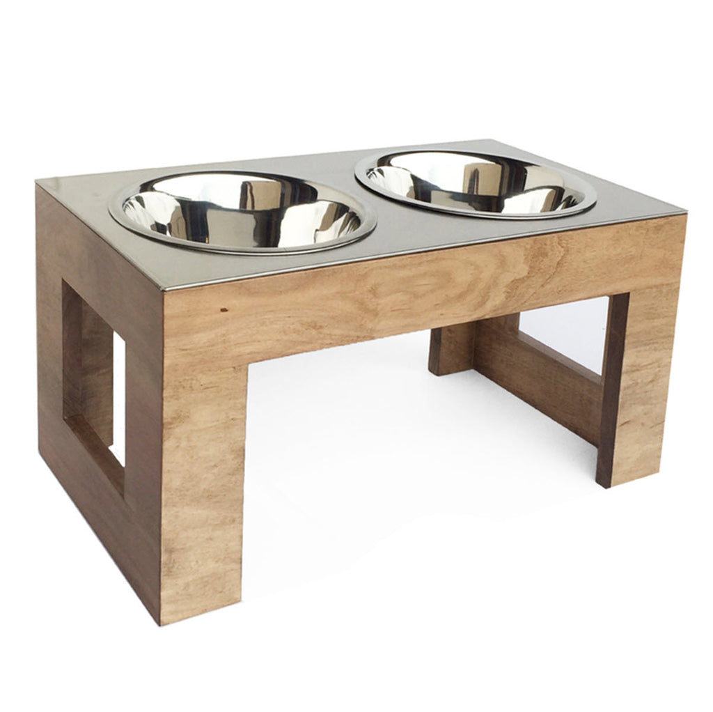 Modern Tall Metal Elevated Dog Bowl With Natural Wood Top - Black