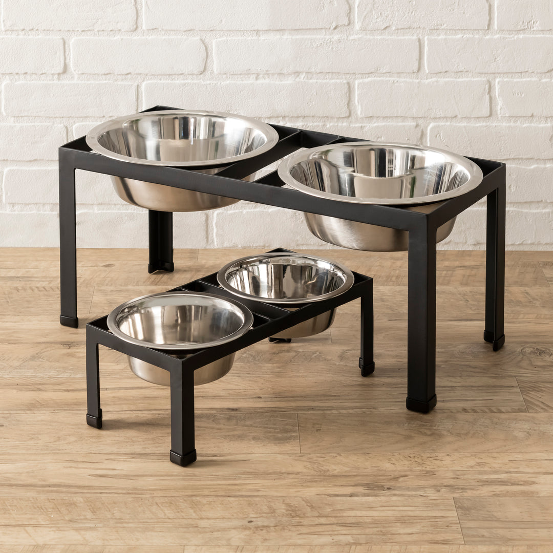 Pilsen. Outdoor Raised Dog Bowl w Iron Stand. S L Dog Feeding Station Outside. Raised Stainless Steel Dog Food Water Bowls Outside NMN Designs