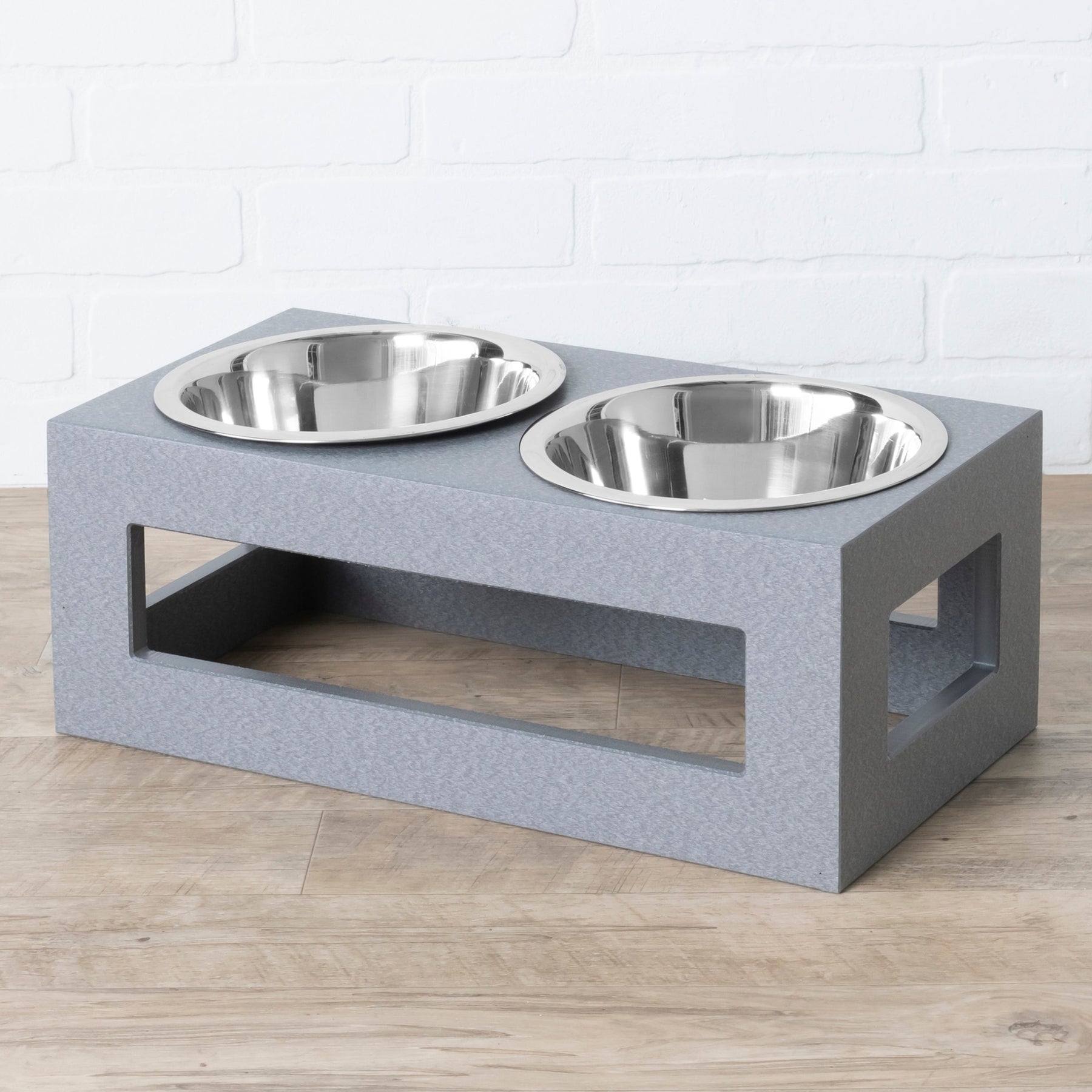 Large Double Dog Bowl Raised Elevated Pet Feeder Stainless Steel Food Water  Gray